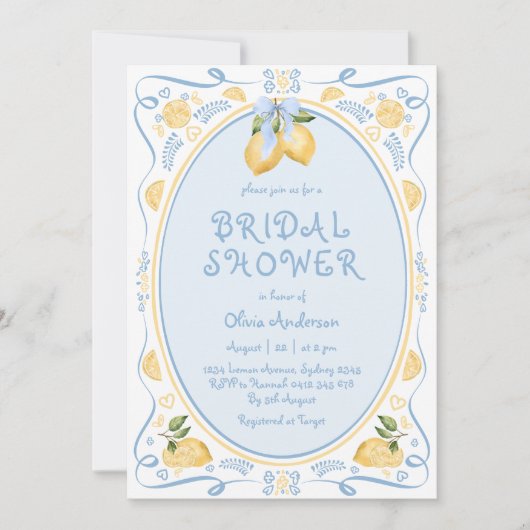 Lemon Blue Bow grillige bruids douche uitnodiging (Voorkant)