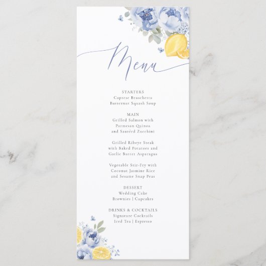 Lemon Blue Floral Bridal Shower Menu Card (Voorkant)