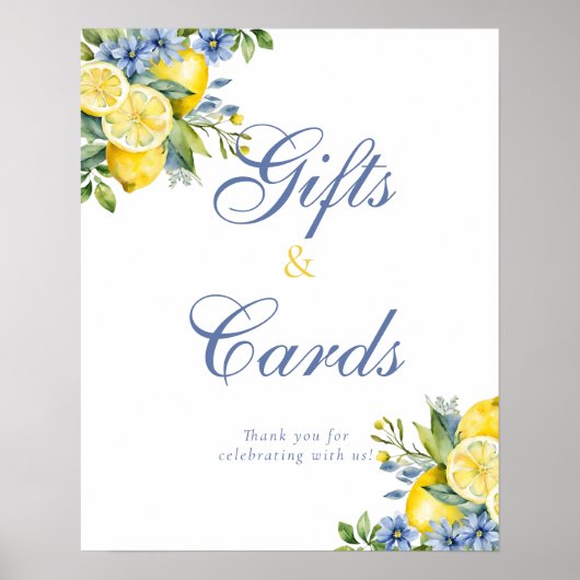 Lemon Blue Floral Citrus Bruids Gift & Kaart Sign Poster (Voorkant)