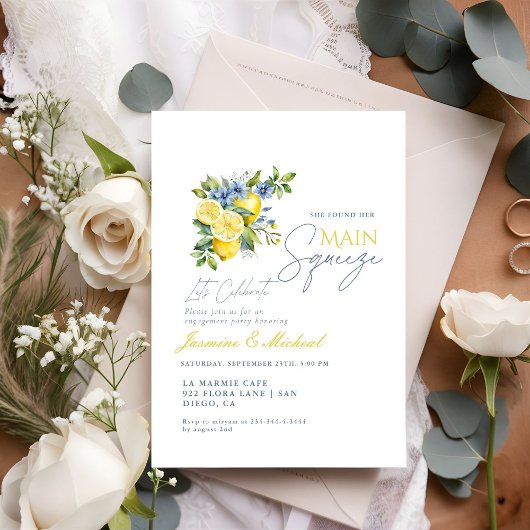 Lemon Blue Floral Citrus Engagement Party Kaart