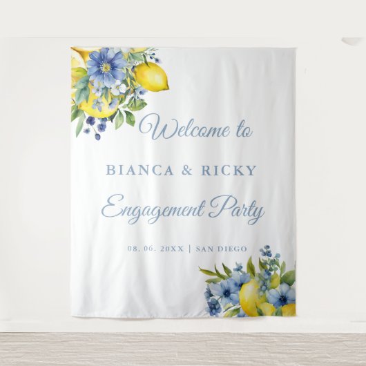 Lemon Blue Floral Citrus Engagement Party Welkom Wandkleed (Voorkant)