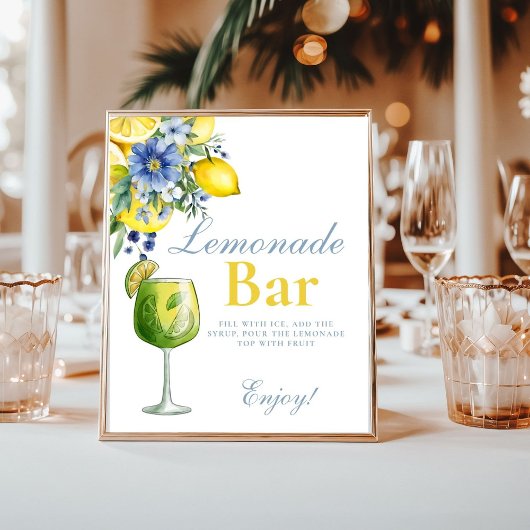 Lemon Blue Floral Citrus Lemonad Bar Sign Poster