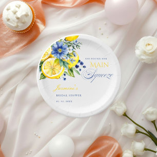 Lemon Blue Floral Citrus Vrijgezellenfeest Papieren Bordje