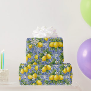 Lemon Blue Franse Landelijke Waterverf Tegel Cadeaupapier