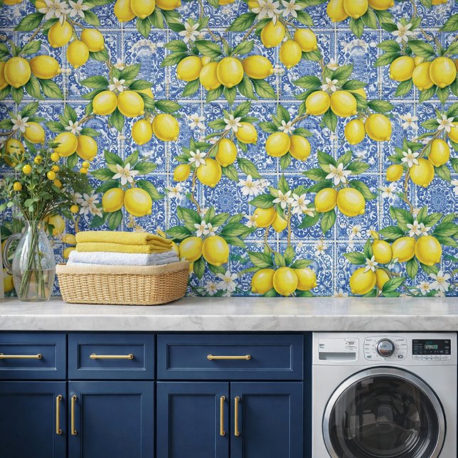 Lemon Blue French Country Watercolor Tile Behang (Creator heeft geüpload)