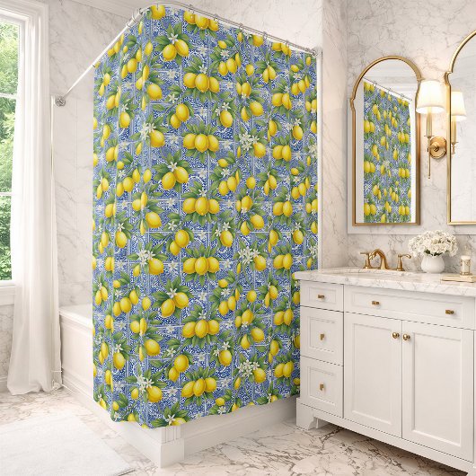 Lemon Blue French Country Watercolor Tile  Douchegordijn