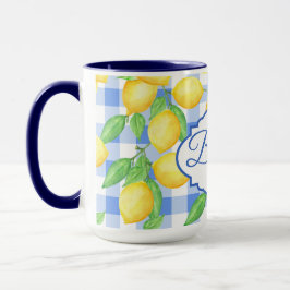 Lemon Blue Gingham Cottagecore gepersonaliseerde m Mok