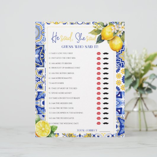 Lemon Blue Hij zei Zij zei Bruids douche spel (Staand voorkant)