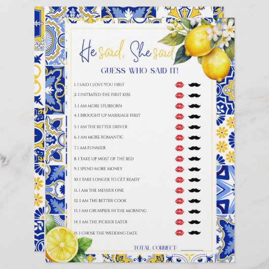 Lemon Blue Hij zei Zij zei Bruids douche spel (Voorkant / Achterkant)