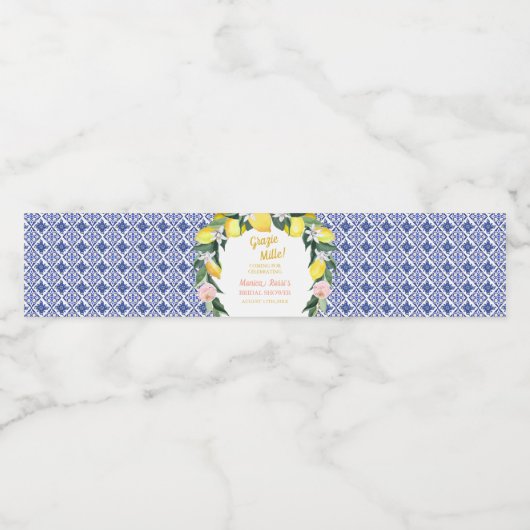 Lemon Blue Italië Tegels Dank je wel Bruidsmeisjes Waterfles Etiket (Enkel label)