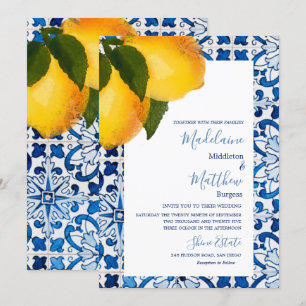 Lemon Blue Mediterranean Tile Chic Stylish Wedding Kaart