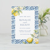 Lemon Blue Tegel Mediterraan Save The Date Kaart (Staand voorkant)