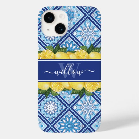 Lemon Blue Tile Backsplash Monogram Case-Mate iPhone Case (Achterkant)