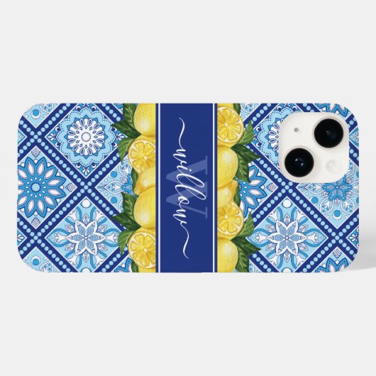 Lemon Blue Tile Backsplash Monogram Case-Mate iPhone Case (Achterkant (horizontaal))