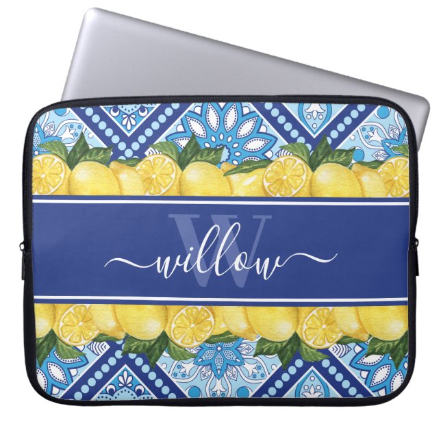Lemon Blue Tile Backsplash Monogram Laptop Sleeve (Voorkant)