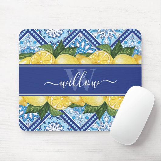 Lemon Blue Tile Backsplash Monogram Muismat (Met muis)