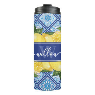 Lemon Blue Tile Backsplash Monogram Thermosbeker