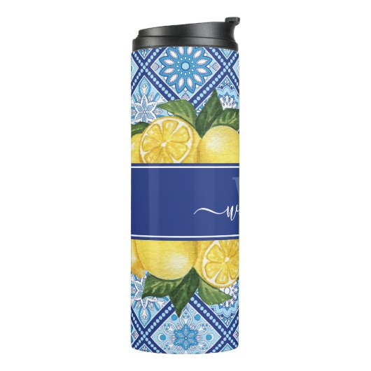 Lemon Blue Tile Backsplash Monogram Thermosbeker (Gedraaid links)