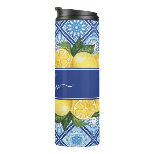 Lemon Blue Tile Backsplash Monogram Thermosbeker (Geroteerd rechts)