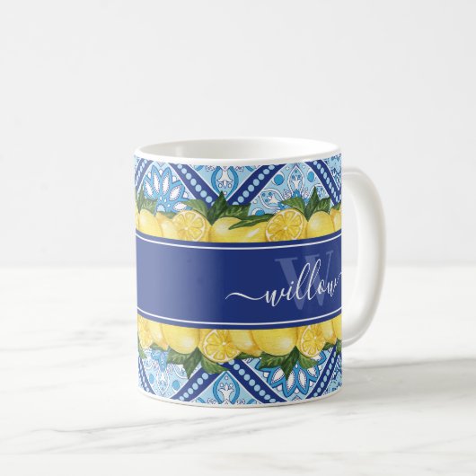 Lemon Blue Tile Backsplash Name Monogram Koffiemok (Voorkant rechts)