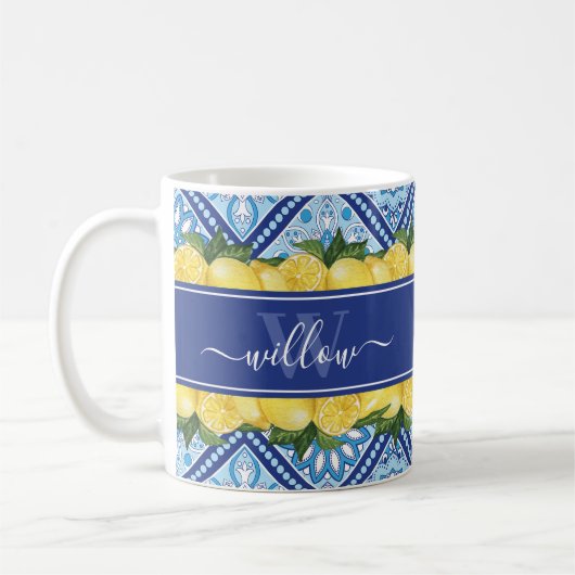 Lemon Blue Tile Backsplash Name Monogram Koffiemok (Links)