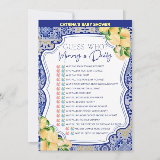 Lemon Blue Tiles Baby Shower - Bewerkbare Naam, 5x Kaart (Voorkant)