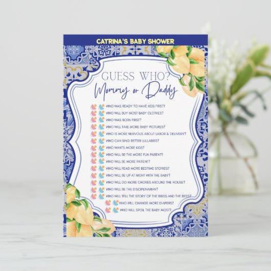 Lemon Blue Tiles Baby Shower - Bewerkbare Naam, 5x Kaart (Staand voorkant)