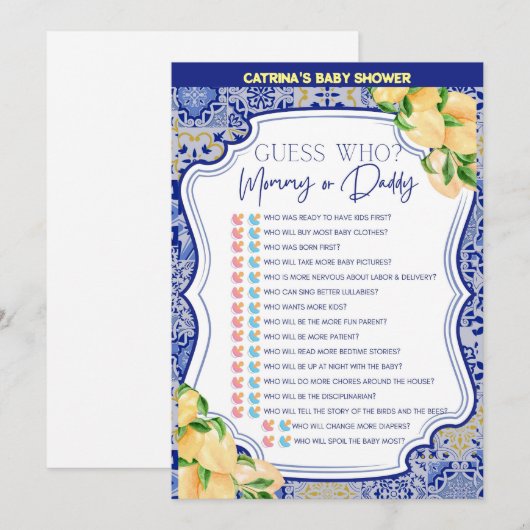 Lemon Blue Tiles Baby Shower - Bewerkbare Naam, 5x Kaart (Voorkant / Achterkant)