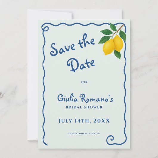Lemon Blue Whimy Frame La Dolce Vita Bruidsfeest Save The Date (Voorkant)
