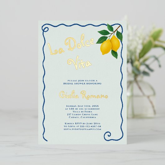 Lemon Blue Whimy Lijst La Dolce Vita Vrijgezellenf Folie Uitnodiging (Staand Voorkant)