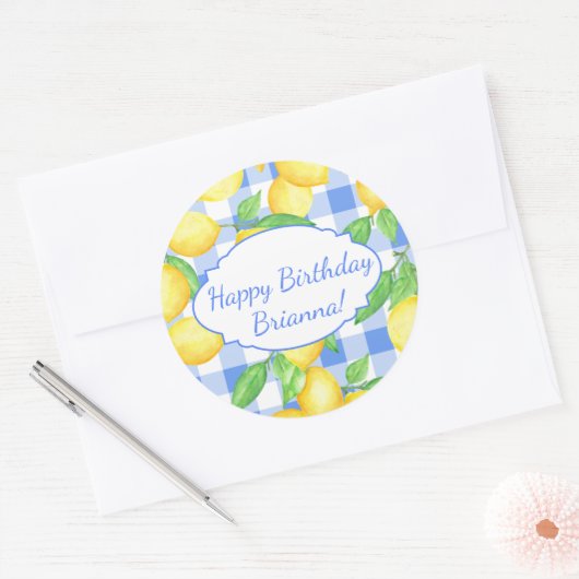 Lemon Blue White Gingham Custom Ronde Sticker (Envelop)