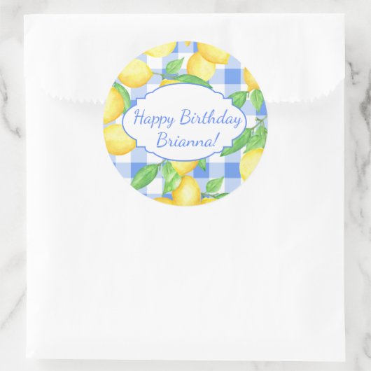 Lemon Blue White Gingham Custom Ronde Sticker (Tas)