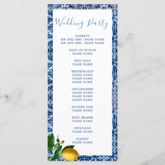 Lemon Blue White Tile Elegant Wedding Programmakaart (Achterkant)