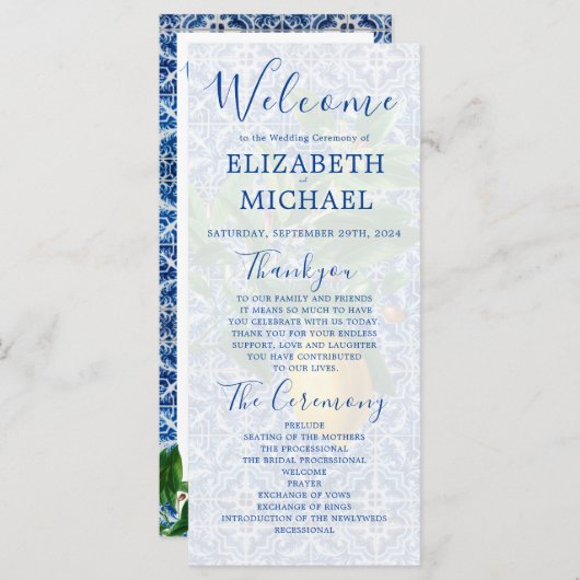 Lemon Blue White Tile Elegant Wedding Programmakaart (Voorkant / Achterkant)
