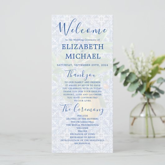 Lemon Blue White Tile Elegant Wedding Programmakaart (Staand voorkant)