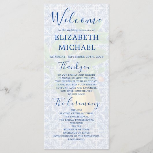 Lemon Blue White Tile Elegant Wedding Programmakaart (Voorkant)