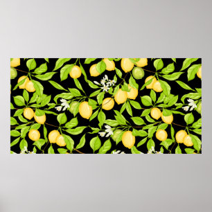 Lemon boomtak met citroenen, bloemen en bladeren. poster