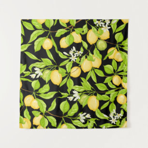 Lemon boomtak met citroenen, bloemen en bladeren. wandkleed