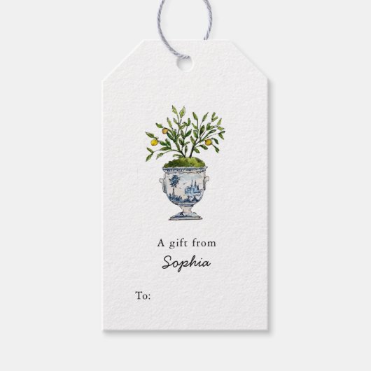 Lemon boomtopiary in blue and white pot Gift label Cadeaulabel (Voorkant)