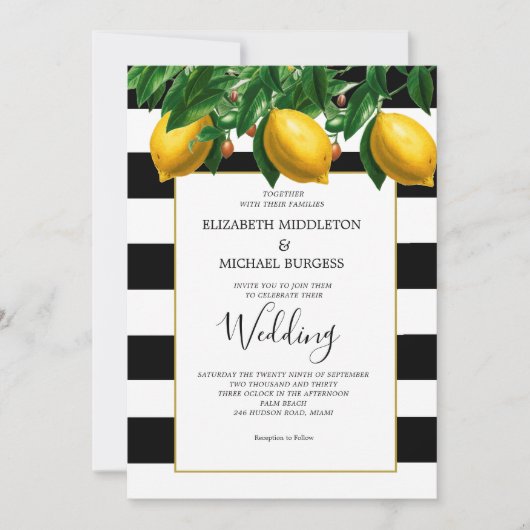 Lemon Botanical Black White Stripe Weddenschap Kaart (Voorkant)