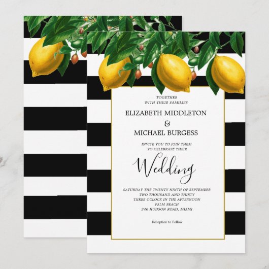 Lemon Botanical Black White Stripe Weddenschap Kaart (Voorkant / Achterkant)