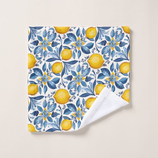 Lemon Botanical Blue and Yellow Summer Print Bad Handdoek (Wasdoekje)