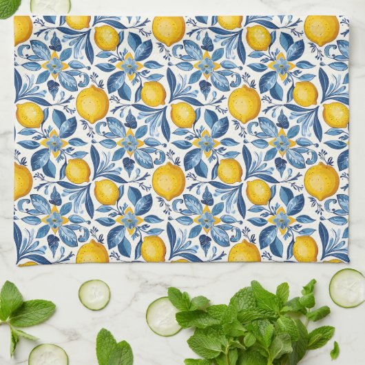 Lemon Botanical Blue and Yellow Summer Print Theedoek (Gevouwen)