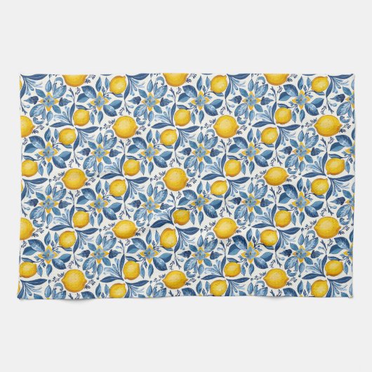 Lemon Botanical Blue and Yellow Summer Print Theedoek (Horizontaal)