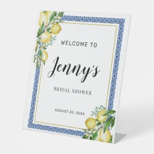 Lemon Botanical Blue Tile Vrijgezellenfeest Welkom Reclamebord Met Voetstuk