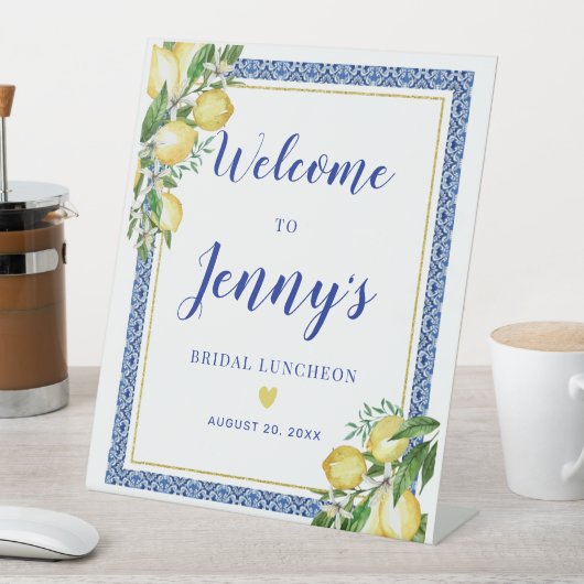 Lemon Botanical Blue Tile Vrijgezellenfeest Welkom Reclamebord Met Voetstuk (Insitu)