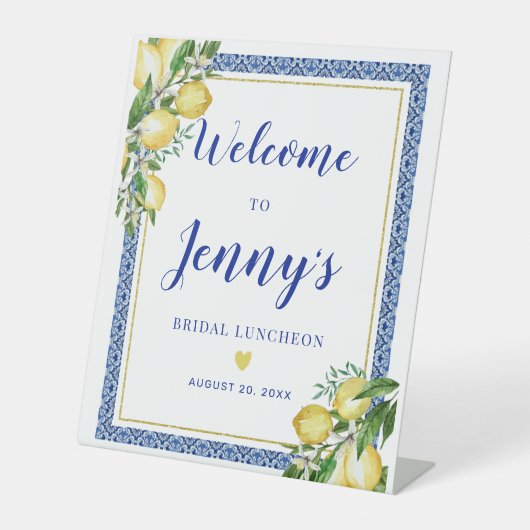 Lemon Botanical Blue Tile Vrijgezellenfeest Welkom Reclamebord Met Voetstuk (Voorkant)