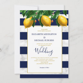 Lemon Botanical Navy White Stripe Marble Wedding Kaart