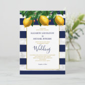 Lemon Botanical Navy White Stripe Marble Wedding Kaart (Staand voorkant)