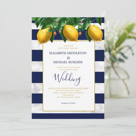 Lemon Botanical Navy White Stripe Marble Wedding Kaart (Staand voorkant)